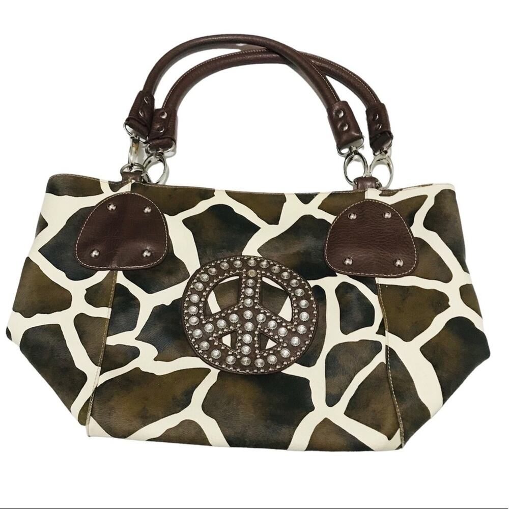 Animal Print Bedazzled Peace Sign Tote Shoulder Bag - Picture 9 of 10